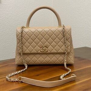 ❤️ CAVIAR QUILTED FLAP TOP HANDLE 2WAY SHOULDER BAG CROSSBODY BAG BEIGE TAN